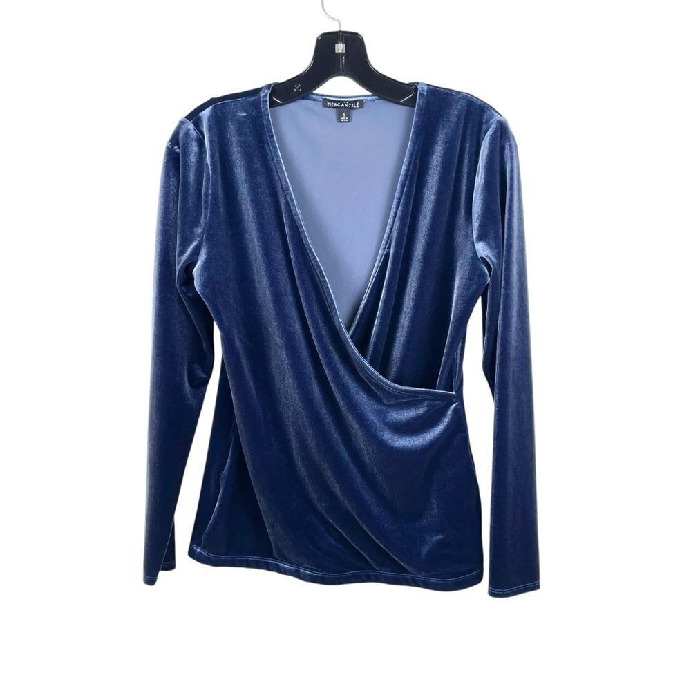 J Crew Mercantile Blue Velvet Cross Front Wrap Style Long Sleeved Top Size S